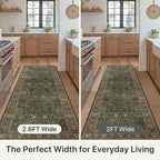 Bavni Washable Rug Runners for Hallways-Vintage Runner Rug 2'6''x10 Low Pile Floral Rugs, Non-Slip Indoor Throw Carpet for Living Room Bedroom Kitchen, Dark Green/Multi