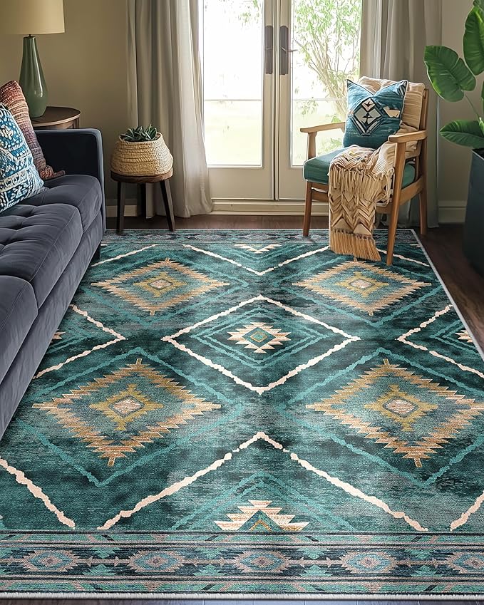 Area Rug 6x9 Rug Machine Washable Non-Slip Low Pile Print Pattern Western Rug for Living Room Bedroom Entryway Tribal Series -Teal/Green