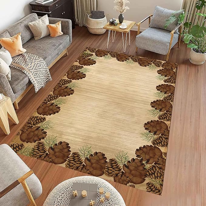 Rustic Lodge Brown Area Rug 5x6ft Pine Cone Leaf Botanical Print Home Decor Non Slip Washable Rug Pine Cones Area Rug Low Pile Thin Indoor Throw Carpet Rug for Laundry Dining Room Office