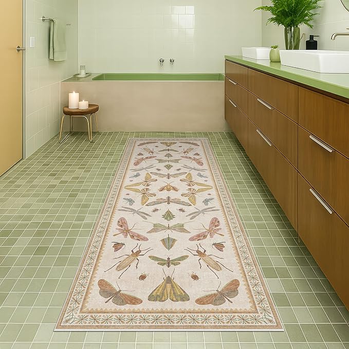 Boho 2x6 Bathroom Runner - Long Rug Runner for Laundry Room, Kitchen, Washable Non Slip Soft Stain Reistant Beige and Yellow Neutral Insect Design Decor