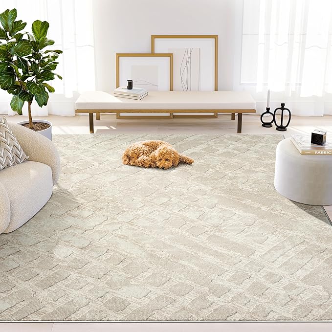 Abani Terra Cream Area Rug for Living Room, Bedroom - Rustic Modern Pattern - 8' x 10' - Durable & Easy to Clean