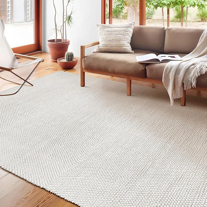 Handwoven Wool Cotton Blend Area Rug 6x9', Textured Popcorn Braided Ivory Rug, Soft Thick Farmhouse Contemporary Living Room Carpet, Neutral Modern Decorative Floor Rug