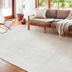 Handwoven Wool Cotton Blend Area Rug 8x10', Textured Popcorn Braided Ivory Rug, Soft Thick Farmhouse Contemporary Living Room Carpet, Neutral Modern Decorative Floor Rug