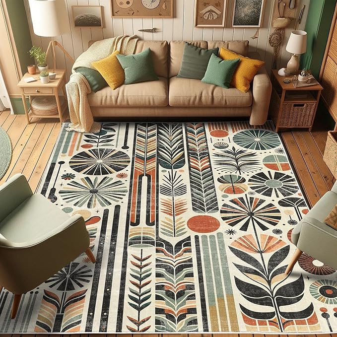 Ambesonne Bohemian Decorative Rug, Retro Mid Century Inspired Abstract Patterns on Ivory Background, Quality Carpet for Bedroom Dorm and Living Room, 2' x 5', Dark Orange and Reseda Green