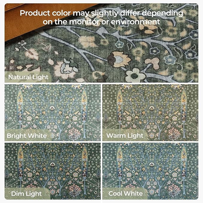 Kokia Boho Vintage Floral Area Rugs, Washable Oriental Botanical Rugs for Living Room, Bedroom, Dining Room, Office, Soft Indoor Area Rug, Sage Green，6x9