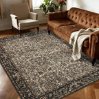 Washable Living Room Rug: 5x7 Boho Floral Soft Area Rug for Bedroom Decor - Vintage Low Pile Thin Carpet for Dining Room Non-Slip - Farmhouse Stain Resistant Rugs - Dark Brown