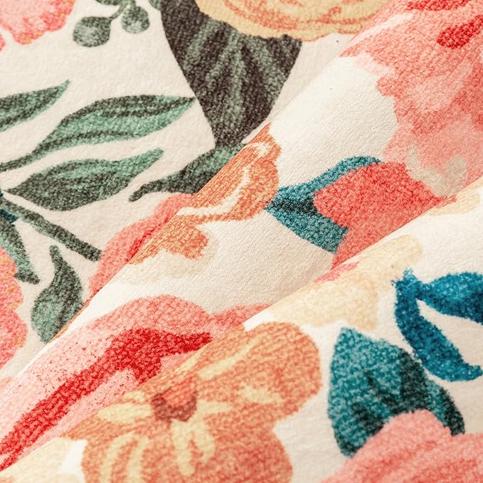 Washable Floral Area Rug 2x3 Beige Small Entryway Carpet Scalloped Flower Non Slip Soft Entrance Door Mat Farmhouse Low Pile Indoor Thin Floor Cover for Bathroom Kitchen Bedroom Laundry Room