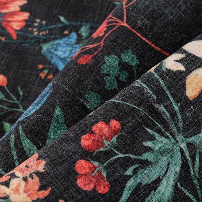 Floral Runner Rug 2x10 Washable Hallway Long Black Bedroom Carpet Non Slip Indoor Boho Kitchen Low Pile Accent Rug Lightweight Soft for Bathroom Dining Laundry Living Room