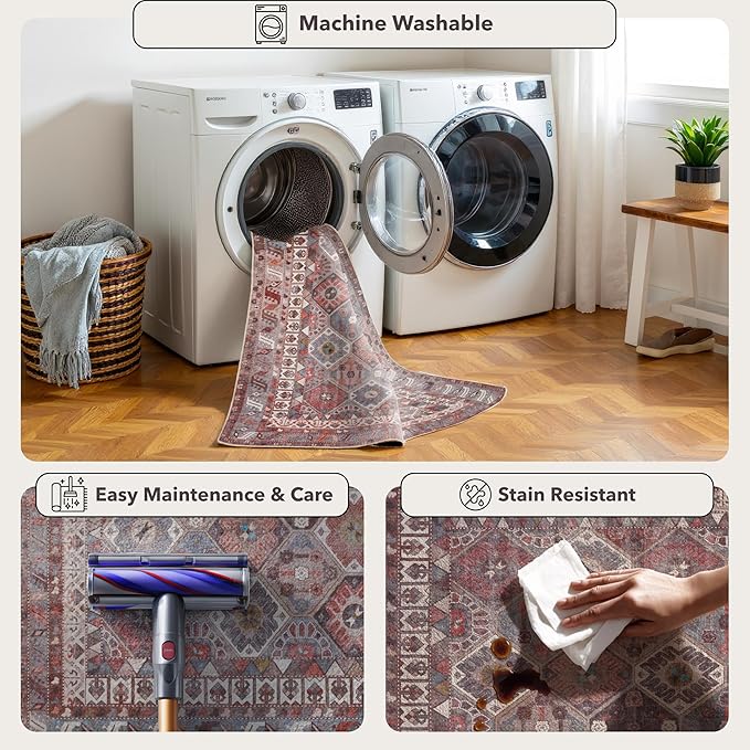 Kuden 6x9 Area Rug, Machine Washable Area Rug with Non-Slip Backing, Vintage Style, Soft, Easy Clean, Low Pile Rug for Living Room, Bedroom, Dining Room