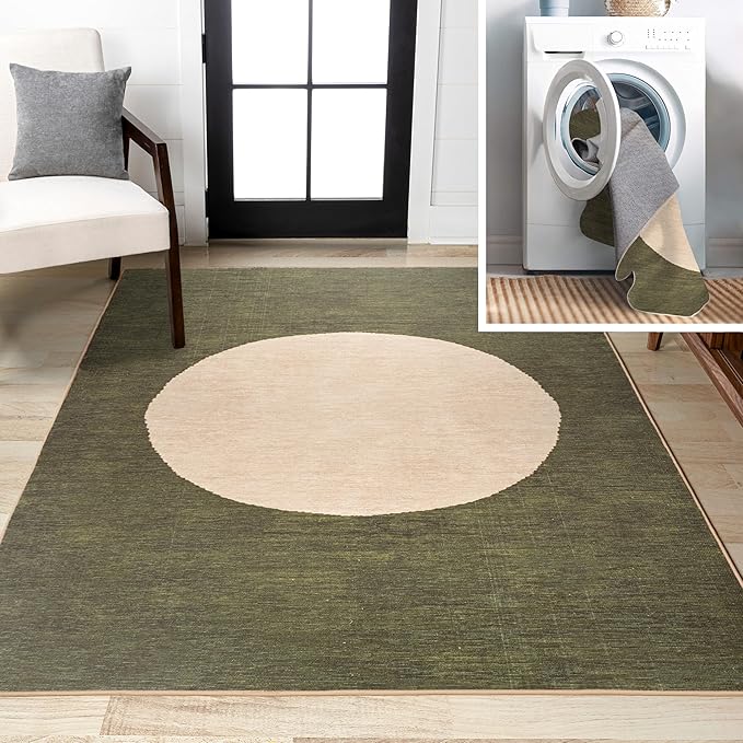 JONATHAN Y Machine Washable Green/Cream Indoor Area Rug 3X5 ft, Cirkel Minimalist Geometric Dot for Living Room, Bedroom, Kitchen, Office, Easy-Cleaning, Pet-Friendly, Non-Shedding WSH113B-3