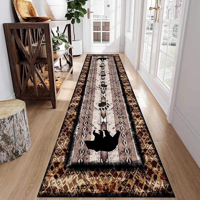 Unique Wildlife Runner Rug, 2.6x7ft, Bear Border Design Area Rug, Rustic Log Cabin Runner for Entryway, Rubber Backing Durable Floor Rug, Vintage Western Decoration, Fade-Resistant Print Carpet