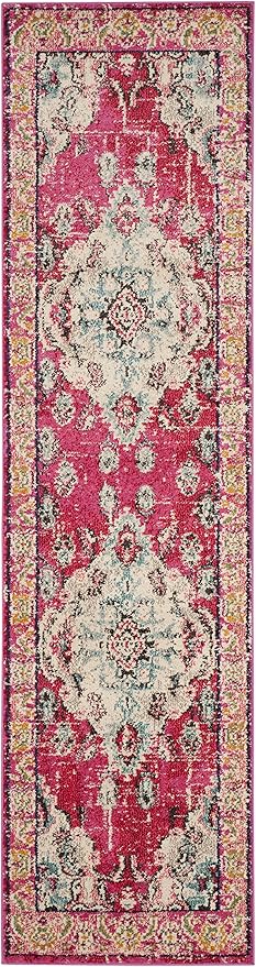 SAFAVIEH Monaco Collection Runner Rug - 2'2" x 20', Pink & Multi, Boho Chic Medallion Distressed Design, Non-Shedding & Easy Care, Ideal for High Traffic Areas in Living Room, Bedroom (MNC243D)
