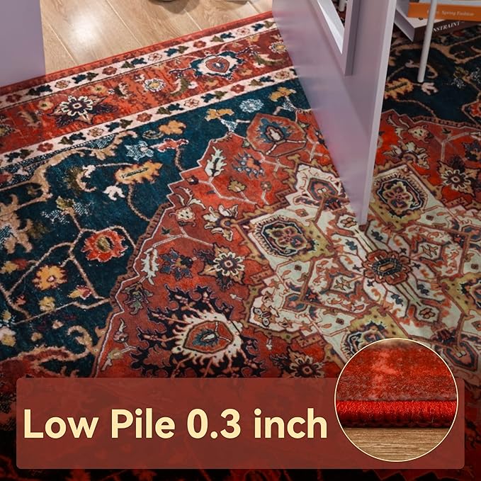 YJ.GWL Area Rugs for Living Room 9x12 Machine Washable Rugs, Non Slip Floral Vintage Rug Indoor Carpet, Stain Resistant Large Rug for Bedroom Dining Room, Orange-Red
