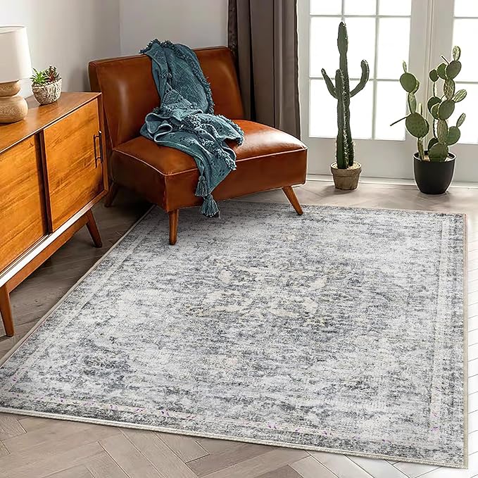 Washable Area Rug 4'x6' Vintage Traditional Floor Cover Foldable Thin Rugs Retro Kitchen Indoor Distressed Non Slip Carpet Floral Print Mat Bedroom Living Room