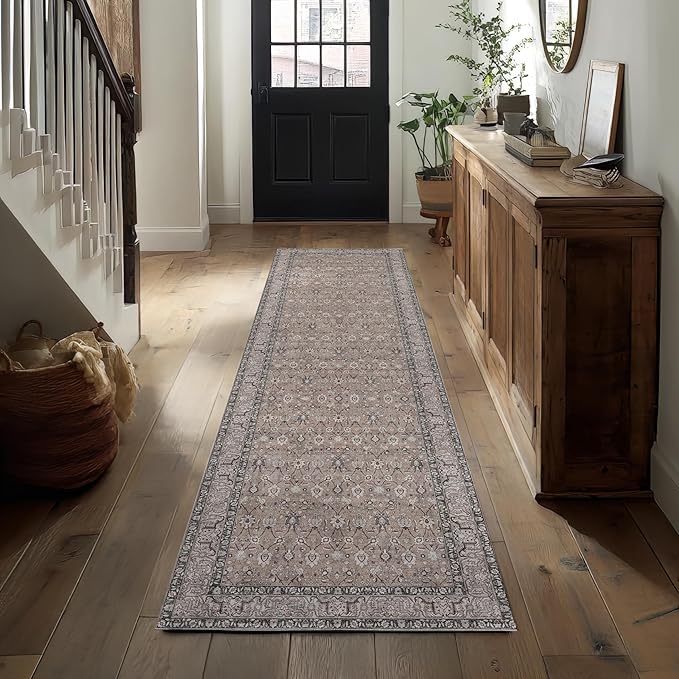 Kuden 2'6"x7' Runner Rug, Machine Washable Area Rug with Non-Slip Backing, Vintage Style, Soft, Easy Clean, Low Pile Rug for Hallway, Entryway, Kitchen, Bedroom