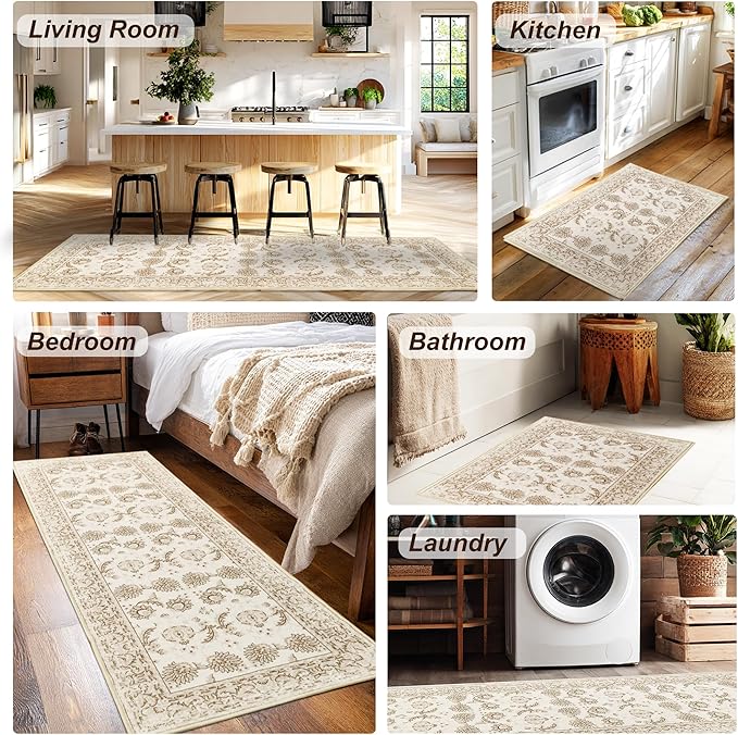 XWZO Runner Rug 2x6ft, Washable Hallway Runner with Non-Slip Backing, Spill Stain Resistant Floor Mat for Entryway Corridor Bedroom Kitchen Living Room, Soft Low-Pile Area Carpet, Beige