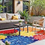 Colorful 6x9 Outdoor Area Rug Washable Multicolored Patio Rug Tropical Botanical Floral Chenille Waterproof Outdoor Carpet Non-Slip for Patio, Deck, Backyard, Porch, Rainbow