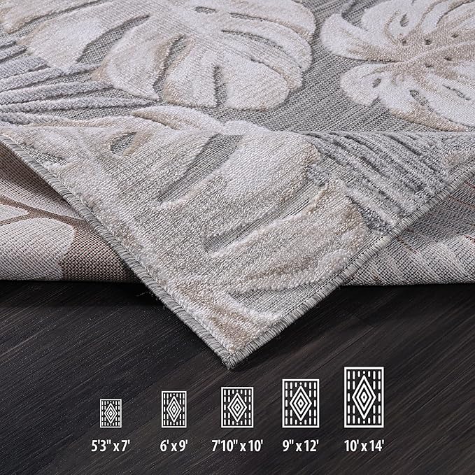 CAMILSON Indoor Outdoor Rug, Beige 5x7 Leaf Tropical Botanical Area Rugs for Indoor and Outdoor patios, Easy-Cleaning Non-Shedding Living Room, Garden and Kitchen Washable Outside Carpet (5 x 7)