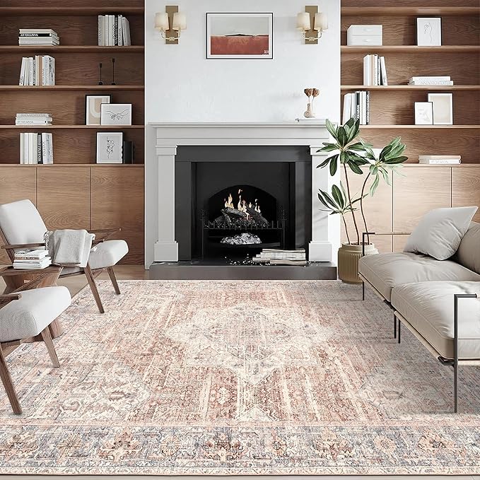 ReaLife Rugs Machine Washable Area Rug Runner - Living Room Bedroom Bathroom Kitchen Entryway - Padded Low Pile Stain Resistant Premium - Boho Farmhouse Vintage - Lyle - Gray Ivory Blush 3' x 5'