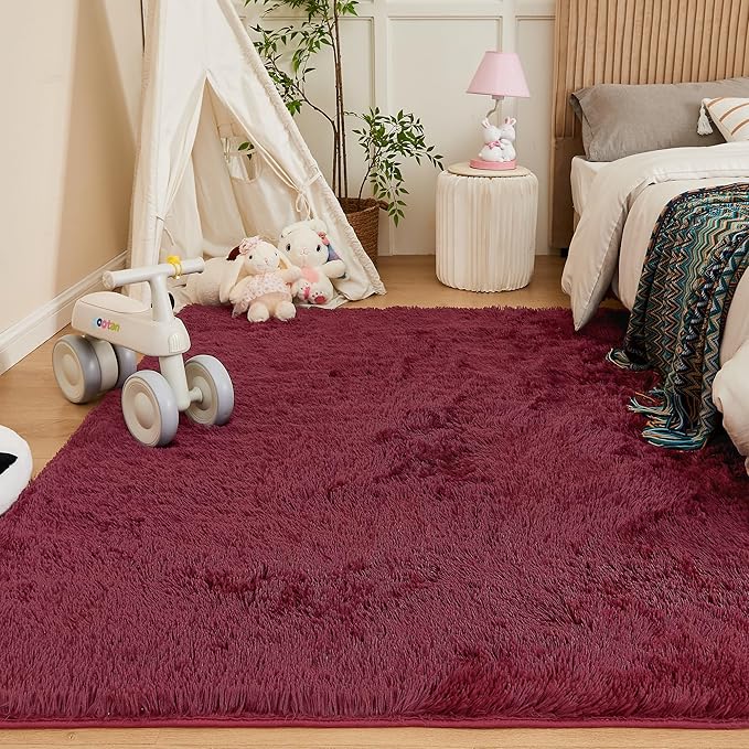 Andency 6x9 Area Rugs Burgundy,Large Shag Fluffy Soft Shaggy Rugs for Living Room Bedroom, Non-Slip Thick Plush Carpet for Kids Girls and Boys, Dorm Nursery Home Decor Aesthetic