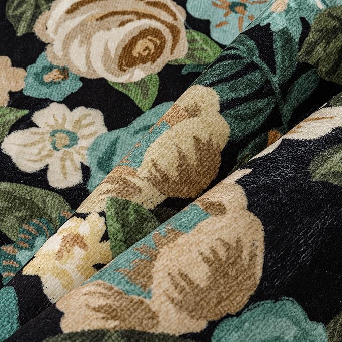 Washable Floral Area Rug 3x5 Black Office Carpet Scalloped Flower Non Slip Soft Entrance Door Mat Farmhouse Low Pile Thin Indoor Floor Cover for Kitchen Bathroom Bedroom Laundry Living Room