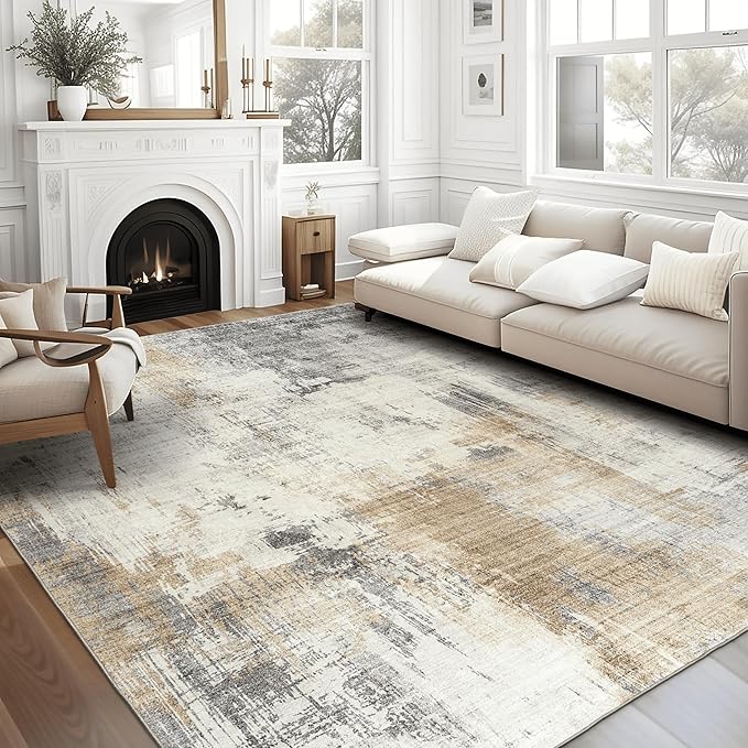 ReaLife Rugs Machine Washable Area Rug - Living Room Bedroom Bathroom Kitchen Entryway Office - Padded Low Pile Stain Resistant Premium - Modern Abstract Contemporary - Quinn - Beige 5' x 7'