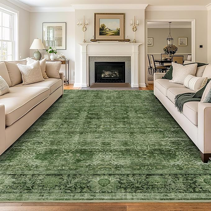 8x10 Washable Area Rug Vintage Green Rug for Living Room Bedroom Low Pile Soft Non-Slip Boho Rug for Under Table Boho Distressed Retro Carpet for Bedroom Kitchen Office Dining
