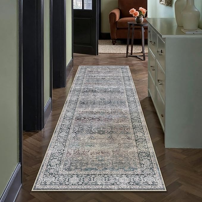 HUGEAR 2x6 Runner Rug Non Slip Washable Area Rug Purple Vintage Neutral Distressed Carpet Soft Low Pile Pet Friendly for Bedside Bathroom Kitchen Hallway Porch