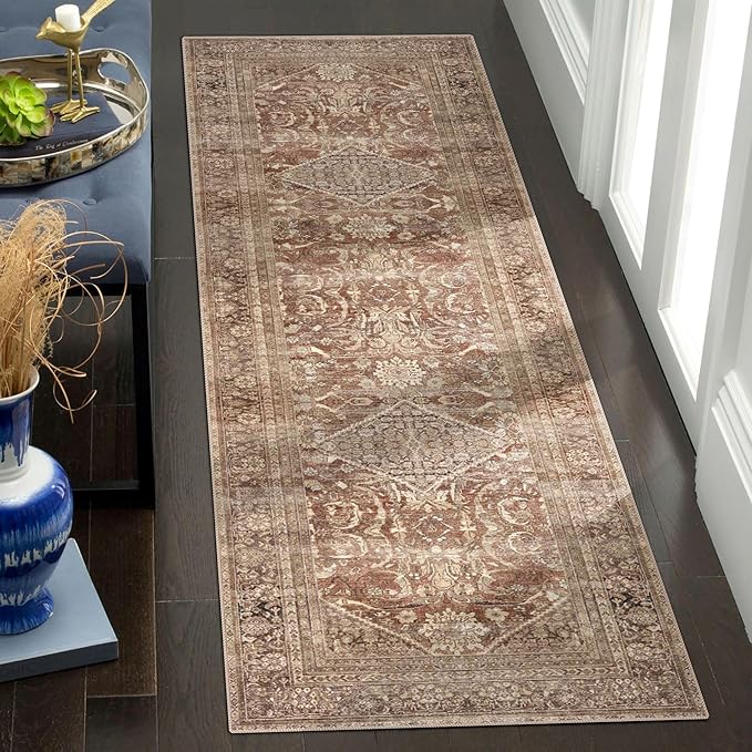 vivorug Runner Rug 2'x8' Vintage Washable Non-Slip Runners for Hallways Kitchen Entryway Laundry Room Carpet Hallway Runner Earth Tone