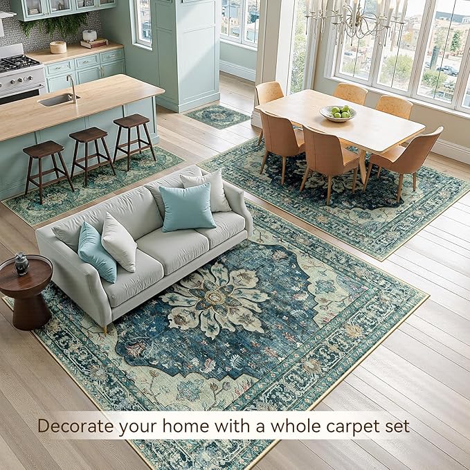 Area Rugs 6'x8' Washable Non-Slip, Floral Vintage Distress Print Pattern Medallion Carpet for Living Room Bedroom Dining Room, Dark Blue Vintage