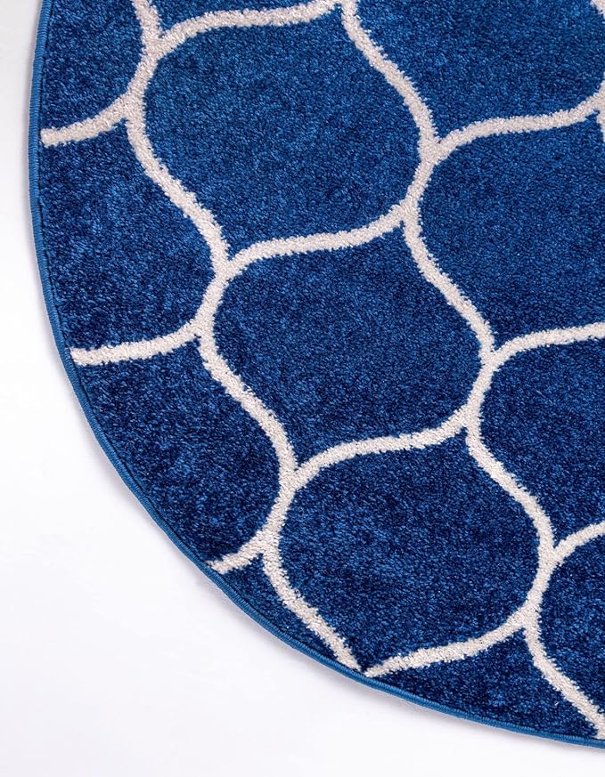 Rugs.com Lattice Frieze Collection Rug – 6' Round Navy Blue Medium Rug Perfect for Kitchens, Dining Rooms