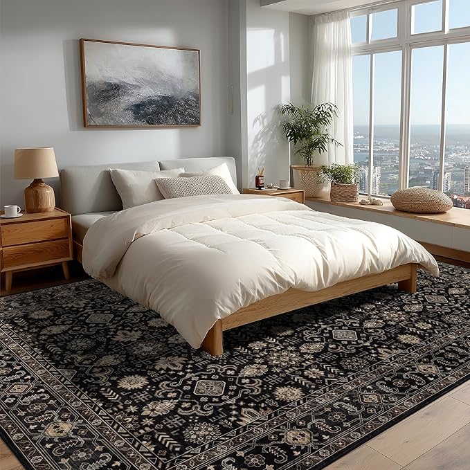 Area Rug Non Slip Machine Washable Ultra Soft Living Room/Bedroom/Kitchen/Outdoor/Classroom Black Gold, 10'×14'