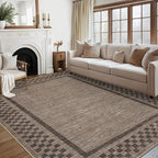 GarveeHome Machine Washable 5x7 Area Rugs Modern Bordered Living Room Rug Non Slip Checkered Geometric Bedroom Throw Carpet Soft Boho Rugs for Dining Room Nursery Home Office, Brown
