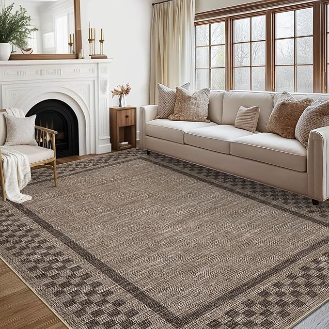 GarveeHome Area Rug 10x13 Living Room Rug Modern Bordered Soft Large Area Rugs for Bedroom Washable Checkered Dining Room Throw Carpet Non Slip Stain Resistant Geometric Rugs for Home Office, Brown