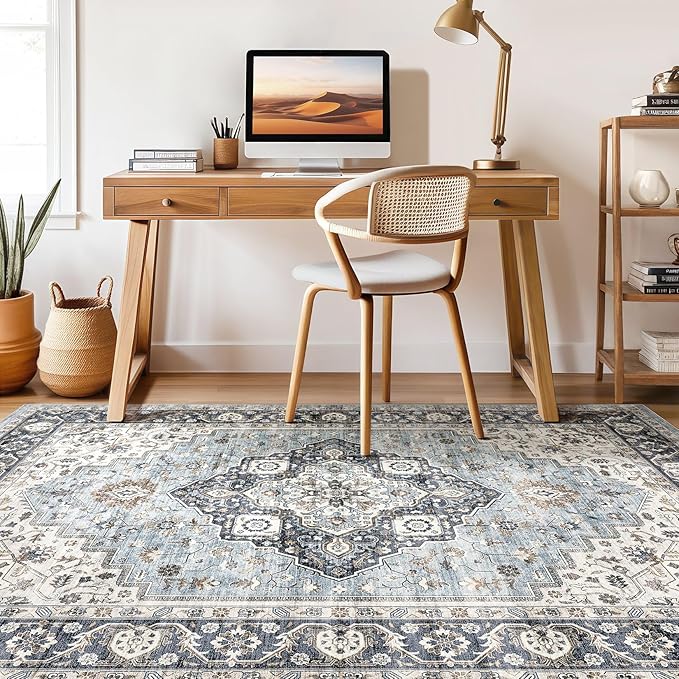 8x10 Area Rugs Living Room: Washable Boho Large Neutral Vintage Soft Rug Stain Resistant Farmhouse Non-Slip Indoor Floor Carpet for Bedroom Nursery Kids Office Dining Room Home House- Blue Tan