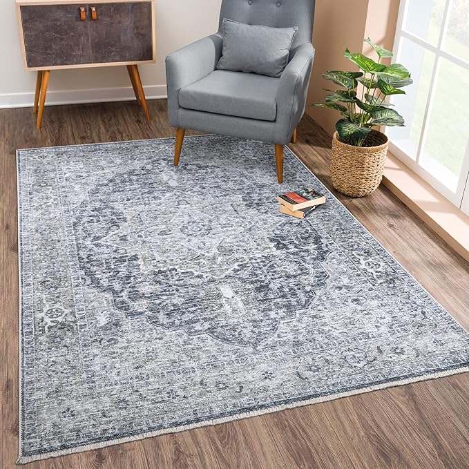 Bloom Rugs Washable Non-Slip 2x3 Rug - Gray/Dark Blue Traditional Oriental Area Rug for Living Room, Bedroom, Dining Room, and Kitchen - Exact Size: 2' x 3'