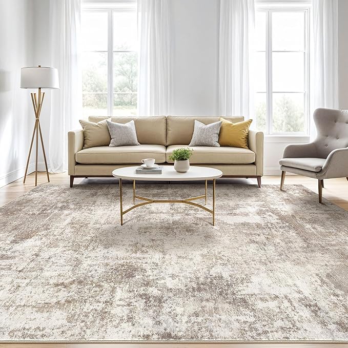 7x10 Area Rug Living Room: Washable Large Abstract Soft Rugs Stain Resistant Indoor Floor Non-Slip Accent Carpet for Women Modern Home Enthusiasts Aged- Bedroom Nursery Playroom- Beige Brown
