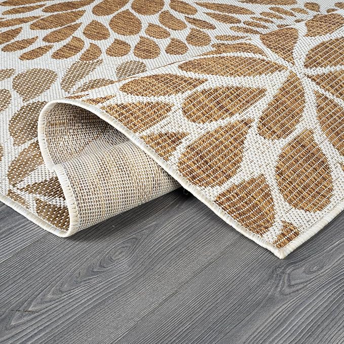 Beverly Rug Outdoor Rug 5x7 Modern Exotic Tropical Leaf Area Rugs for Indoor and Outdoor Patio Deck Porch Garden Water Resistant Washable Outside Carpet (5 x 7 Beige)
