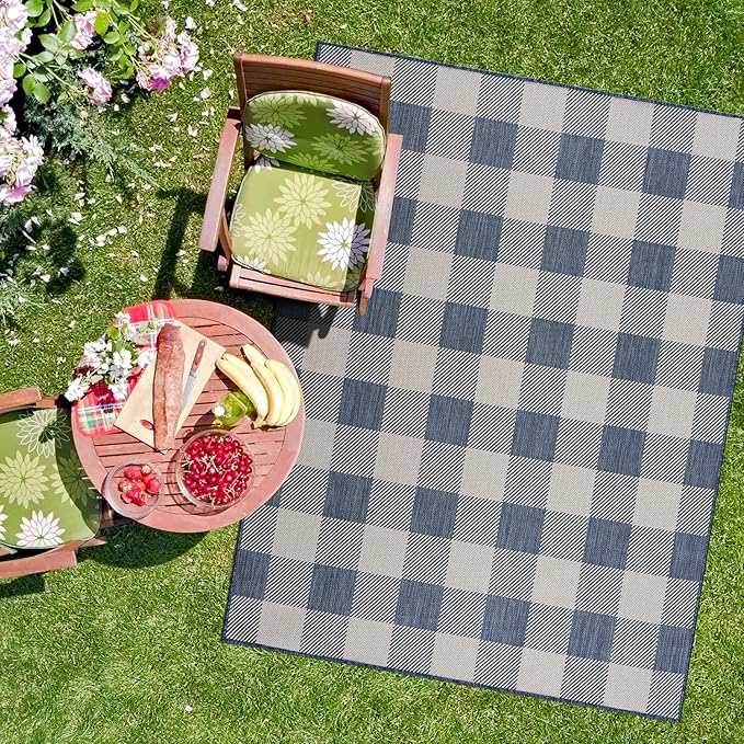 CAMILSON Outdoor Rug - Modern Area Rugs for Indoor and Outdoor Patios, Kitchen and Hallway mats - Easy Cleaning Non Shedding Washable Outside Carpet (6x9, Buffalo - Blue/White)