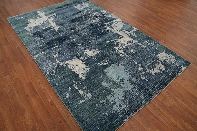Rug Source Modern Collection, 5x8 Rug, Hand Knotted Navy Blue & Blues All-Over Rug, Oriental Viscose Silk Carpet for Foyer, Entryway and Hallway