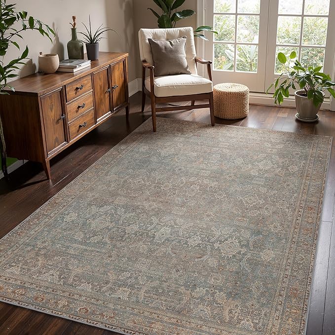 8x10 Area Rug Machine Washable Boho Rug for Living Room,Ultra-Thin Low Pile Carpet,Lightweight Indoor Printed Rug,Non Slip Floral Area Rug for Bedroom, Dining Room, Home Office,Grayish Blue