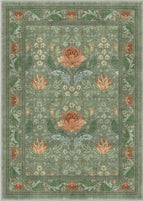 Bavni 5x7 Area Rugs for Living Room, Microfiber Machine Washable Non-Slip Vintage Floral Rug, Low Pile Lightweight Carpet for Bedroom, Dining Room, Home Office, Bean Green