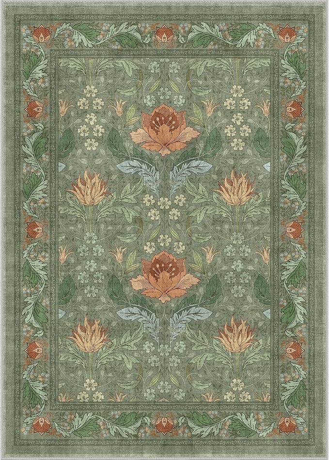 Bavni 5x7 Area Rugs for Living Room, Microfiber Machine Washable Non-Slip Vintage Floral Rug, Low Pile Lightweight Carpet for Bedroom, Dining Room, Home Office, Bean Green