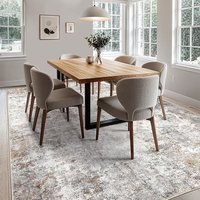 8x10 Area Rug Living Room Rugs - Washable Neutral Modern Abstract Soft Thin Large Rug Indoor Floor No Slip Rug Carpet for Bedroom Under Dining Table Home Office Decor - Brown Grey