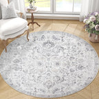 jinchan Kalen Round Rug 4ft Area Rug Washable Vintage Indoor Retro Entryway Floor Cover Distressed Gray Floral 4' Round Circle Boho Non Slip Thin Carpet for Bedroom Living Room Dining Room Grey