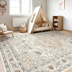 8x10 Area Rugs Living Room: Washable Boho Large Neutral Vintage Soft Rug Stain Resistant Farmhouse Non Slip Indoor Floor Carpet for Bedroom Nursery Kids Playroom Office Dining Room- Cream Blue