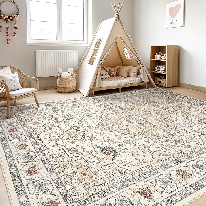 6x8 Area Rug Living Room: Washable Boho Large Neutral Vintage Soft Rugs Stain Resistant Farmhouse Non Slip Indoor Floor Carpet for Bedroom Nursery Kids Playroom Office Dining Room- Cream Blue