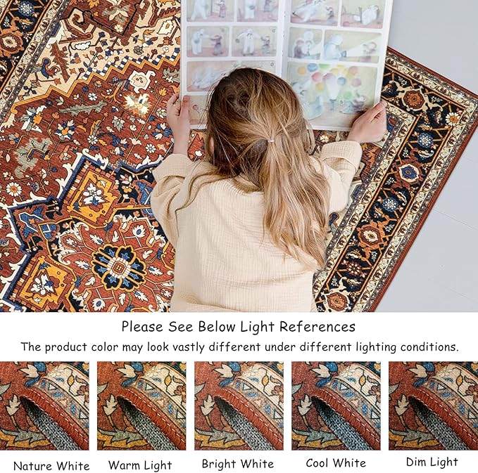 Moynesa Ultra-Thin Washable Oriental Area Rug - 5x7 Large Living Room Rug, Non-Slip Non-Shedding Stain Resistance Low Pile Playroom Mat Indoor Floor Carpet for Bedroom Nursery, Brown/Multi