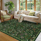 Floral Washable 6x9 Area Rug，Dark Green Boho Rugs for Living Room, Soft Low-Pile Non-Slip Stain Resistant & Non-Shedding Carpet for Bedroom, Dining Room, Office, Entryway, Nursery