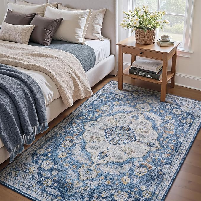 tchdio 3x5 Bedroom Area Rug, Non Slip Washable Entryway Rug Indoor, Soft Low Pile Vintage Door Mat, Stain Resistant Rug for Entrance, Bedside, Dining Room (Blue, 3'x5')